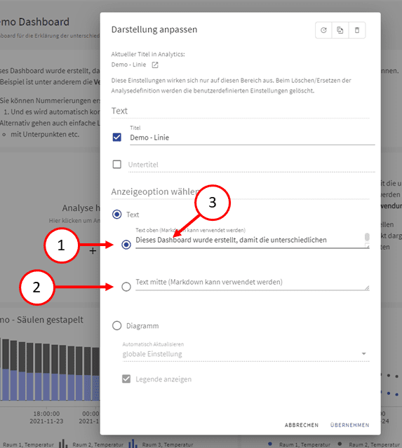 Text Anzeigeoptionen für Analysen